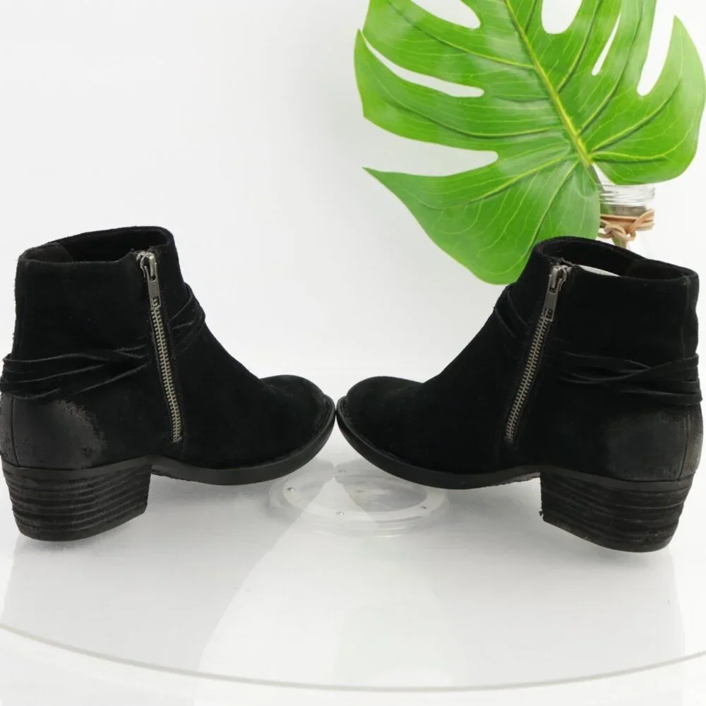 Born Womens Isobelle Boots Size 10 Black Suede Distresed Booties Low Heel Fringe